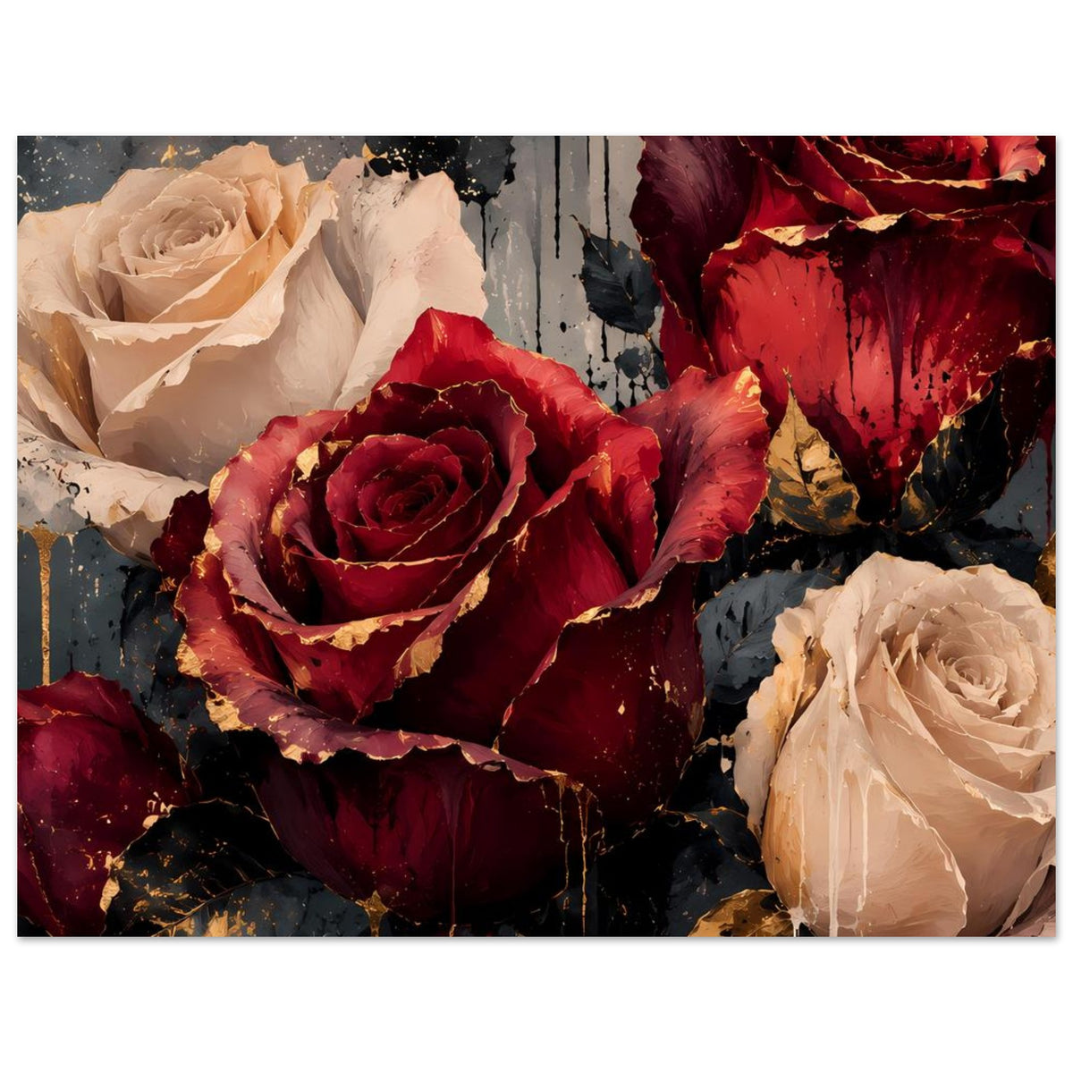 Kunstposter mit Blick auf Bordeauxrote Rose und cremefarbene Blüten mit Goldakzenten