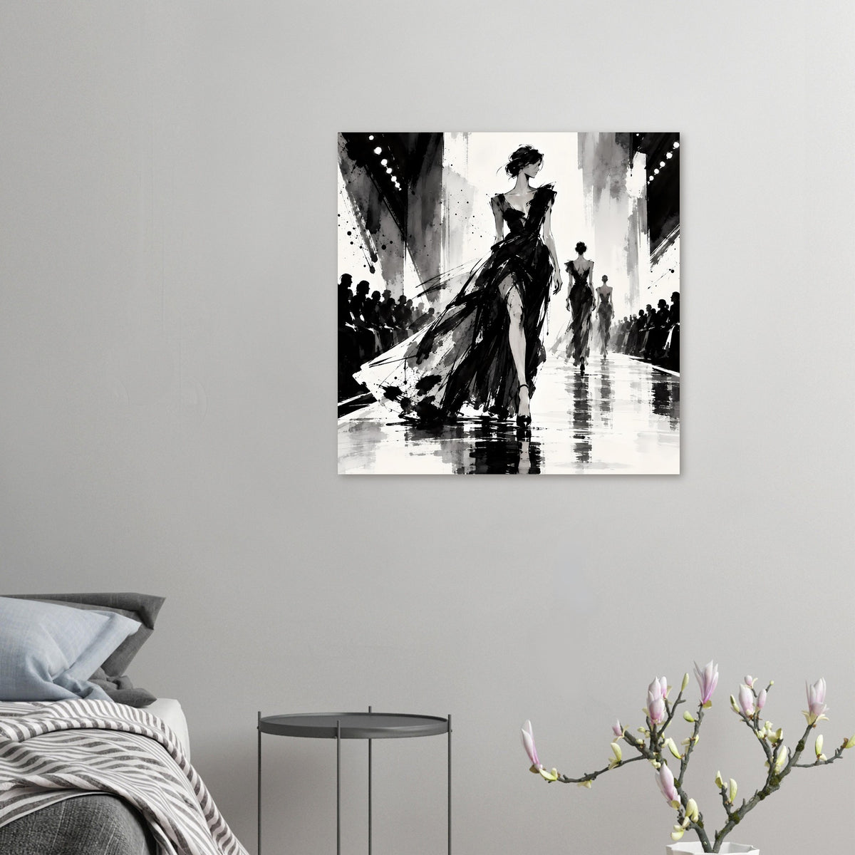 Poster mit Schwarz-Weiß-Fashion-Illustration: stilisierte Frau im Kleid, Szene mit Figuren und Lichtpunkten