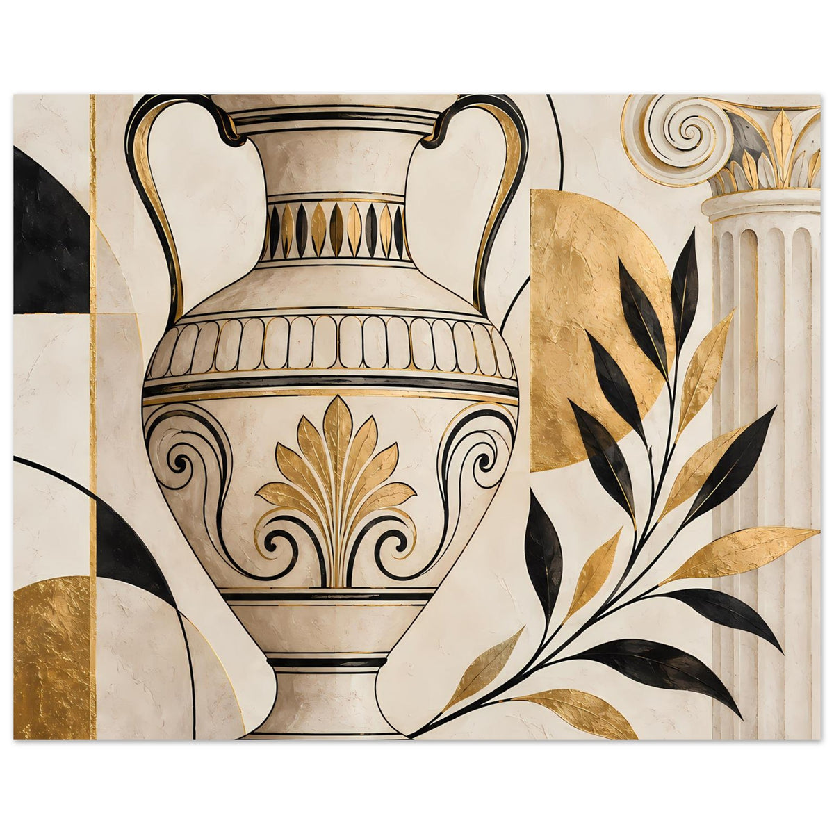 Wandposter mit antiker Amphore und goldenen Blattmotiven, Linienornamentik in Schwarz