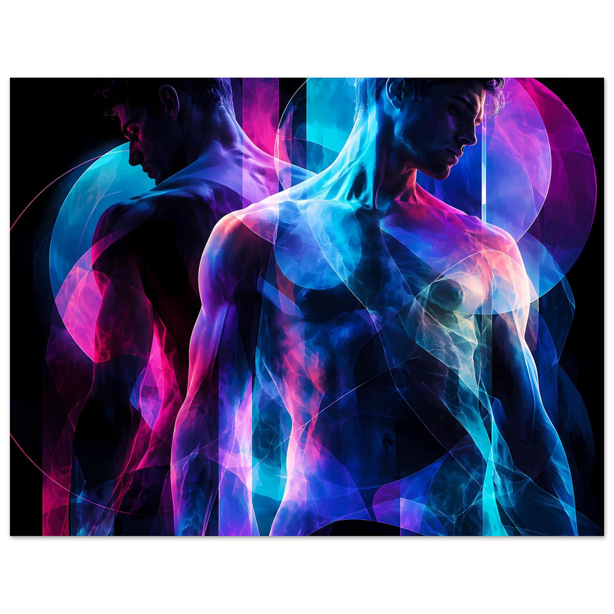 Horizontales Kunstposter mit neonblauen, pinken Linien und Silhouettenfiguren