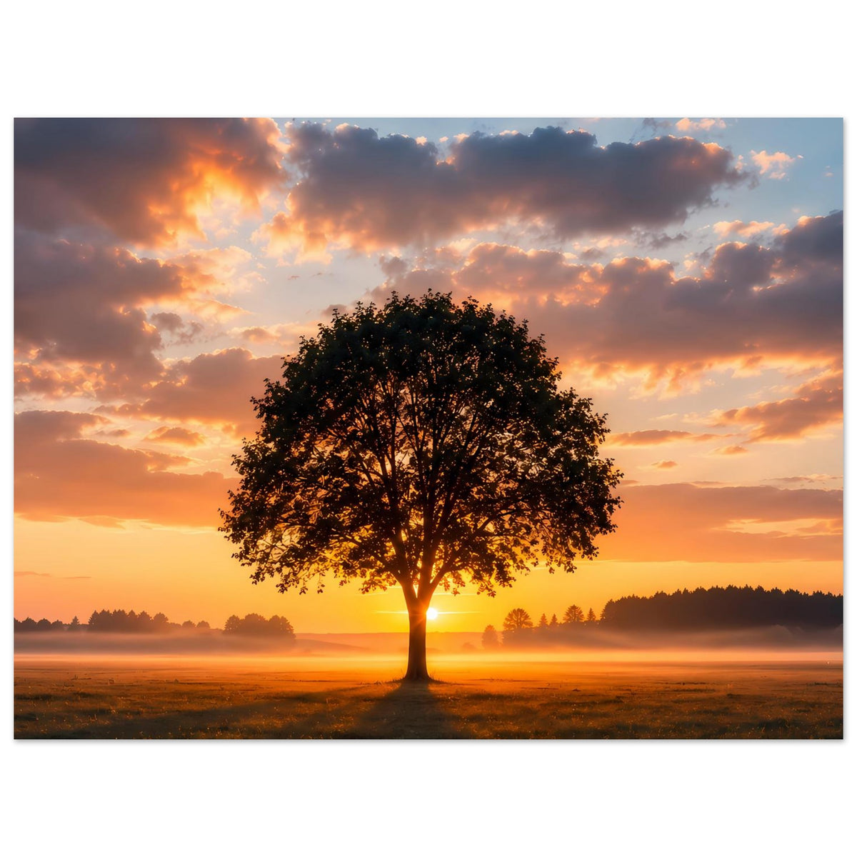 Poster mit Einzelbaum bei Sonnenuntergang, gelbes Leuchten am Stamm und Laubkrone