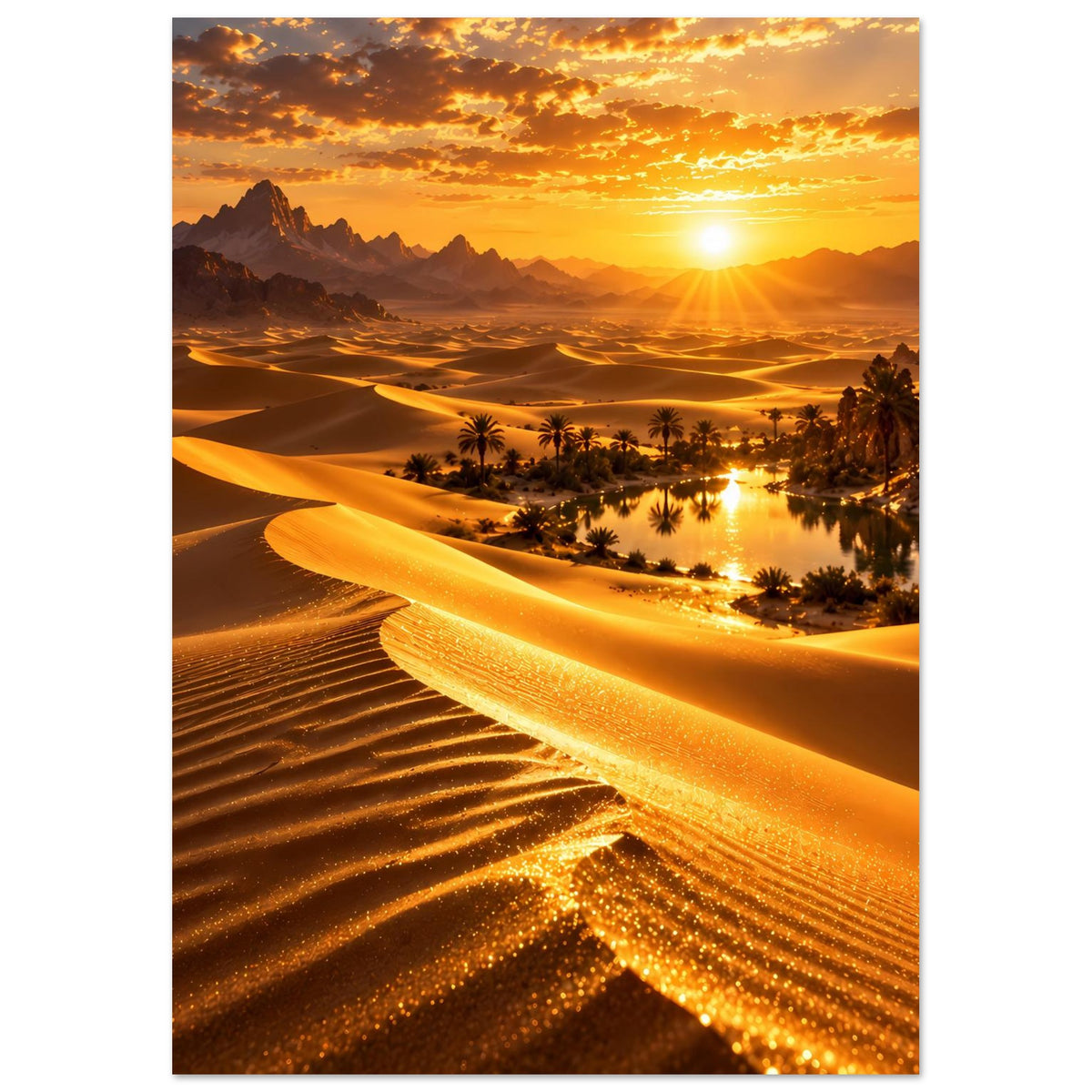Wüstenlandschafts-Poster im Hochformat: goldene Dünenwellen, Palmen an der Oase und Sonnenuntergang