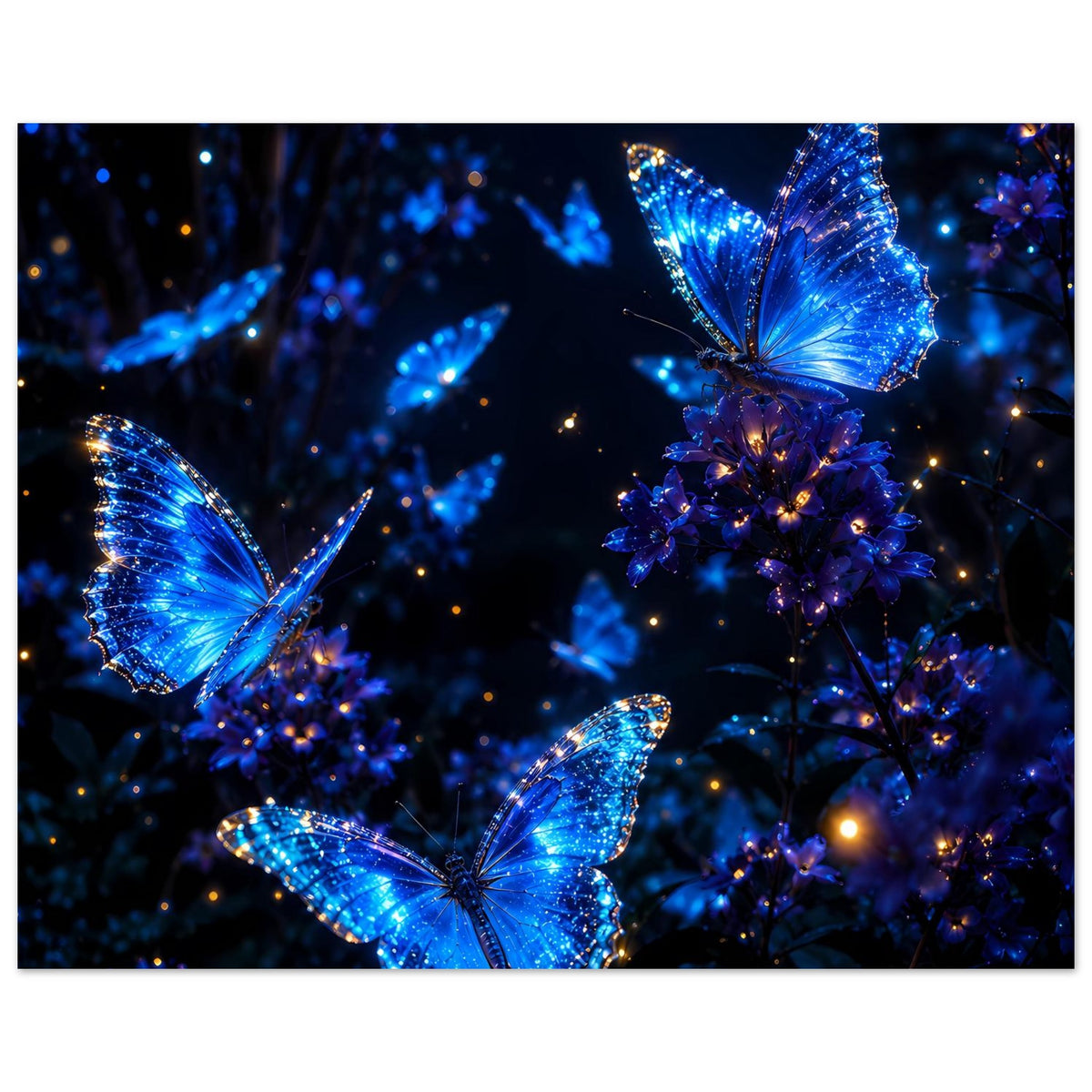 Querformat-Poster mit leuchtendem blauem Schmetterling links und Schmetterling rechts