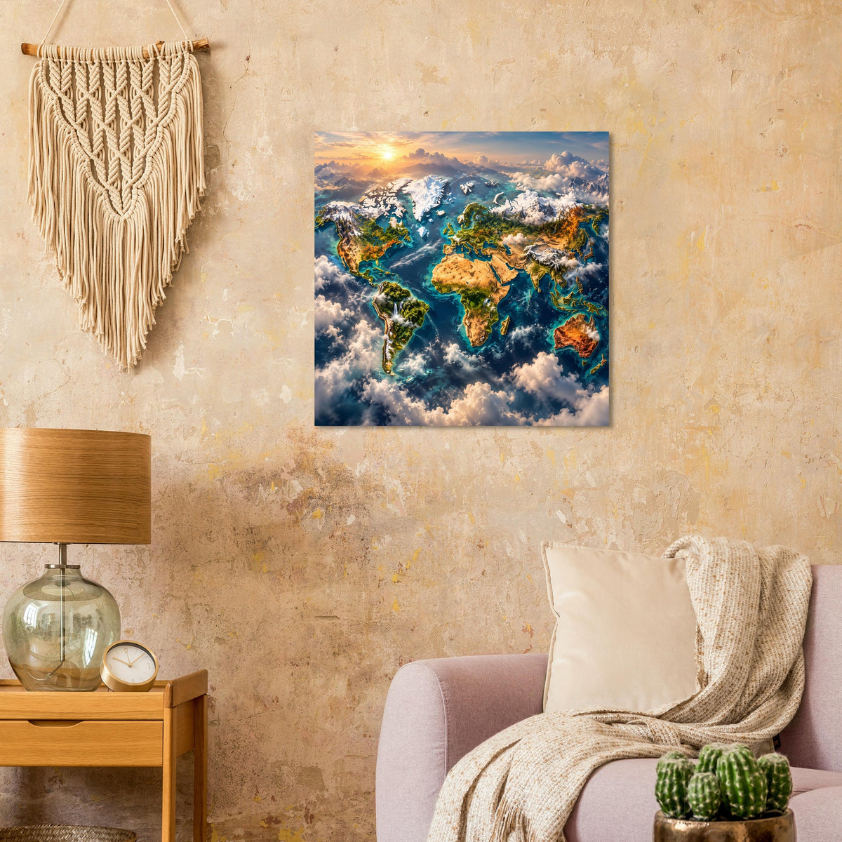 Weltkarten-Poster mit farbenreicher Weltkarte zwischen Wolken, quadratisch