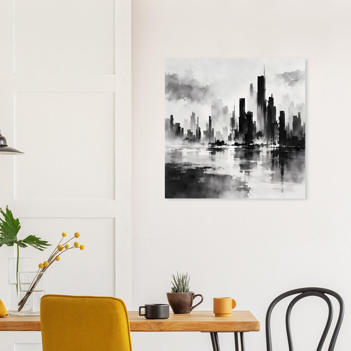 Schwarzweiß-Stadtposter mit Skyline und Wasserreflexion, quadratischer Rahmen