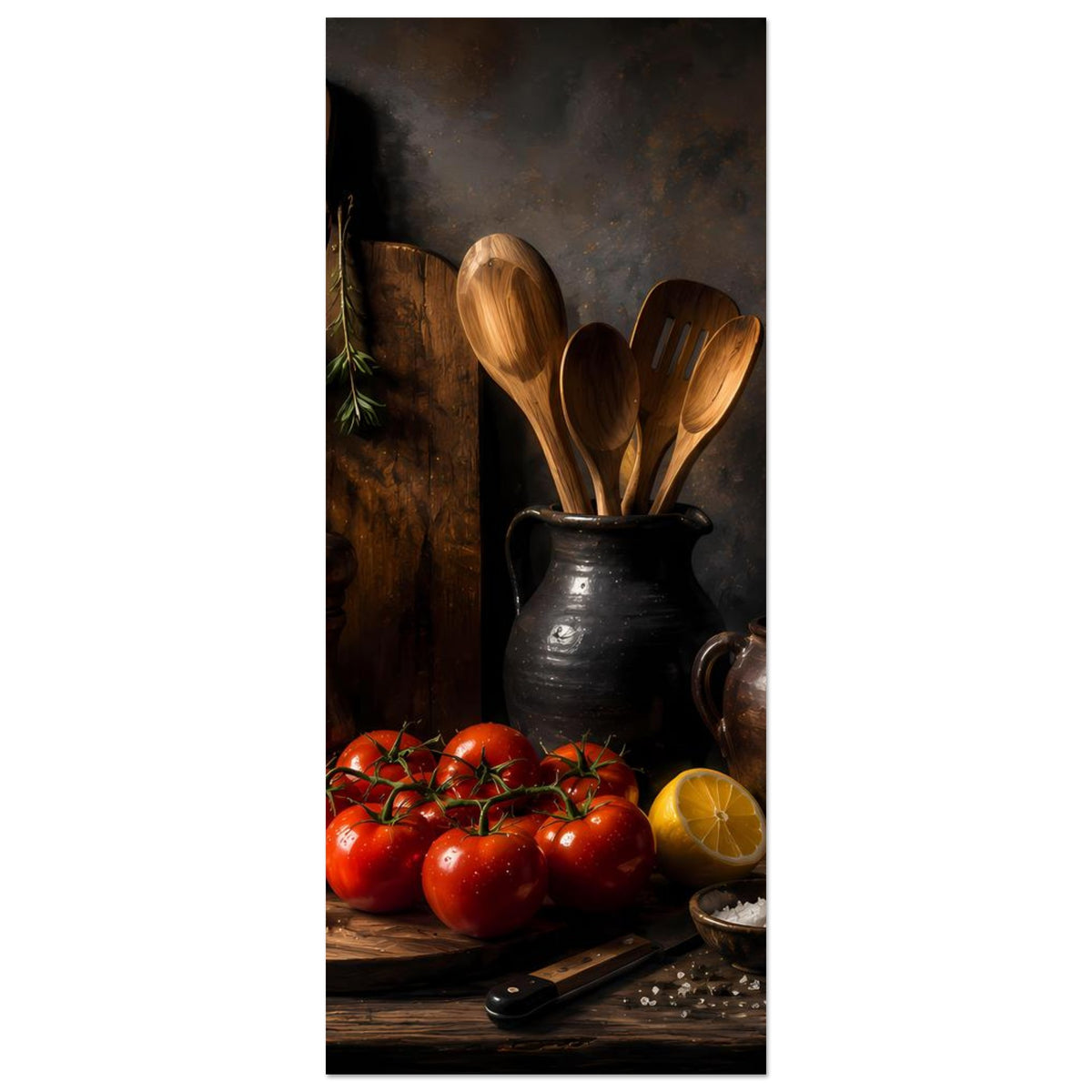 Vertikales Küchenmotiv-Poster: Holzlöffel im Krug, Tomaten und Zitrone
