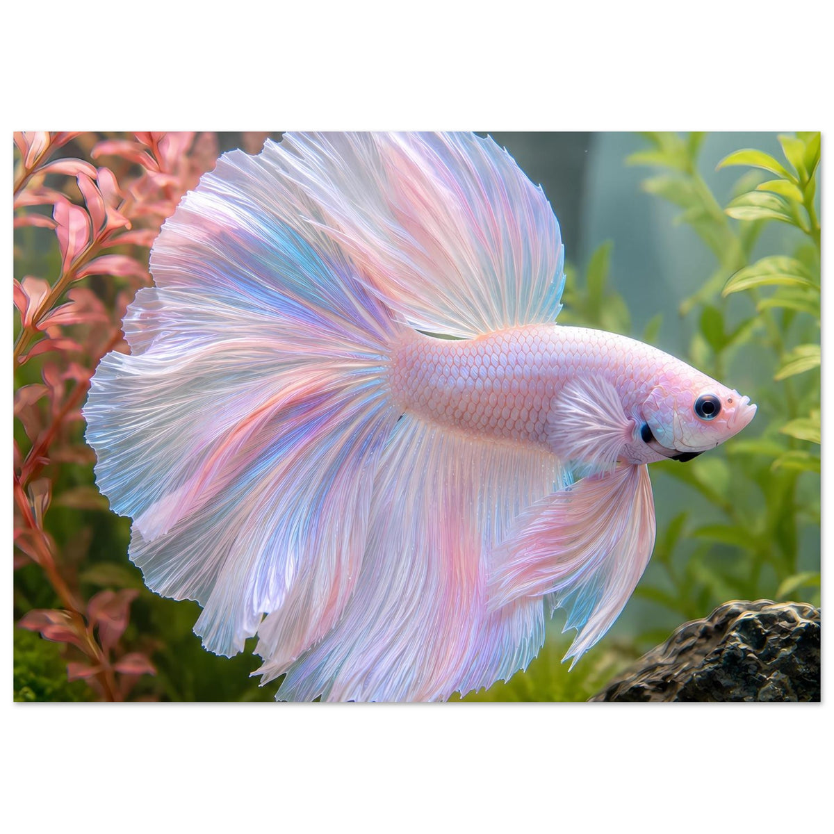 Poster mit Betta-Fisch im Pastell, weiß-rosa-blaue Flossen, Aquariumpflanzen im Hintergrund