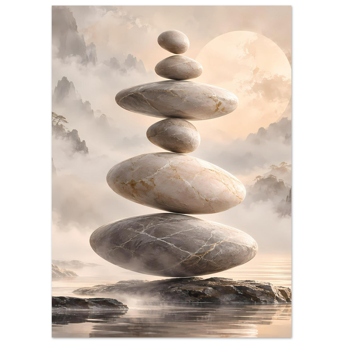 Zen-Steine in Balance vor nebligem Hintergrund in sanften Beige- und Grautönen – Posteransicht 5