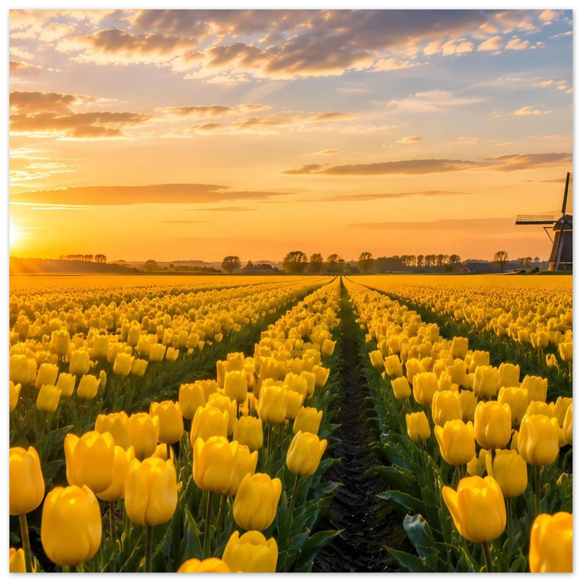 Poster mit gelbem Tulpenfeld und mittigem Weg, Windmühle rechts teilweise im Bild