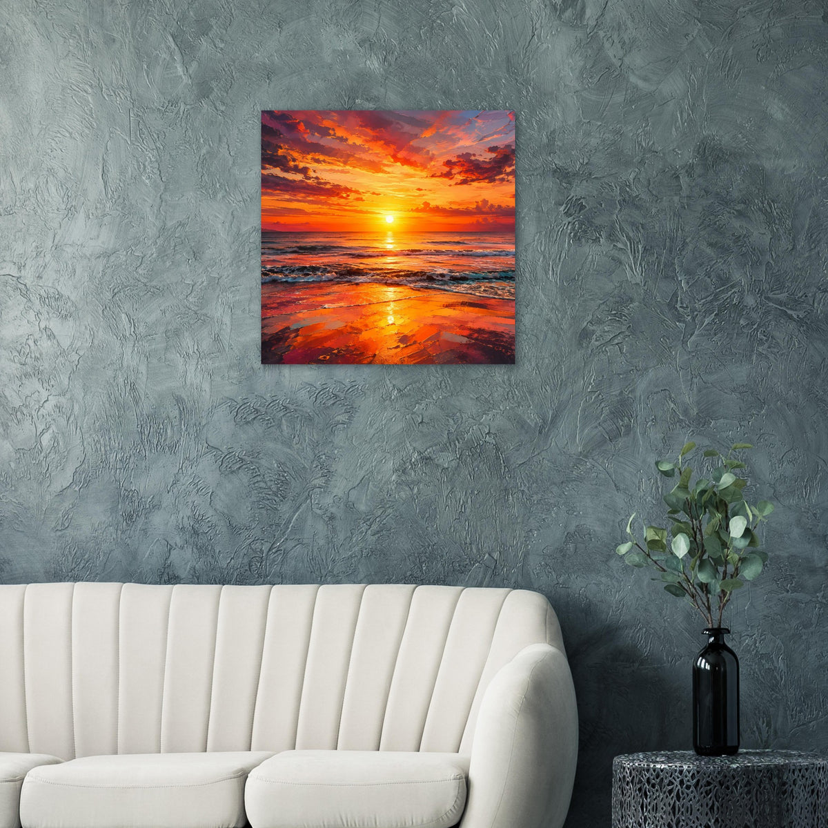 Quadratisches Poster: Sonnenuntergang über dem Meer, orangefarbener Himmel, reflektierendes Wasser