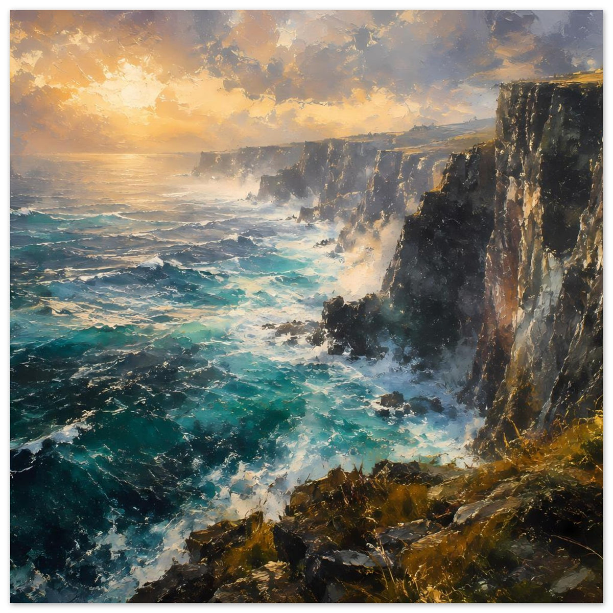 Poster Wilde Klippenküste: türkisfarbene Brandung vor dunkler Felswand, goldener Abendhimmel, Hochformat