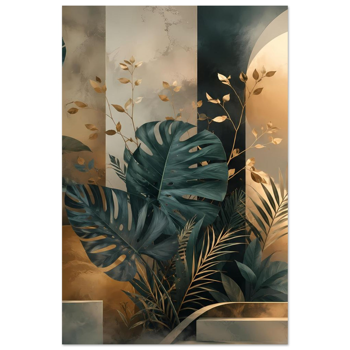 Hochformat-Pflanzenposter mit Palmen- und Monstera-Blättern in Petrolgrün und Goldtönen