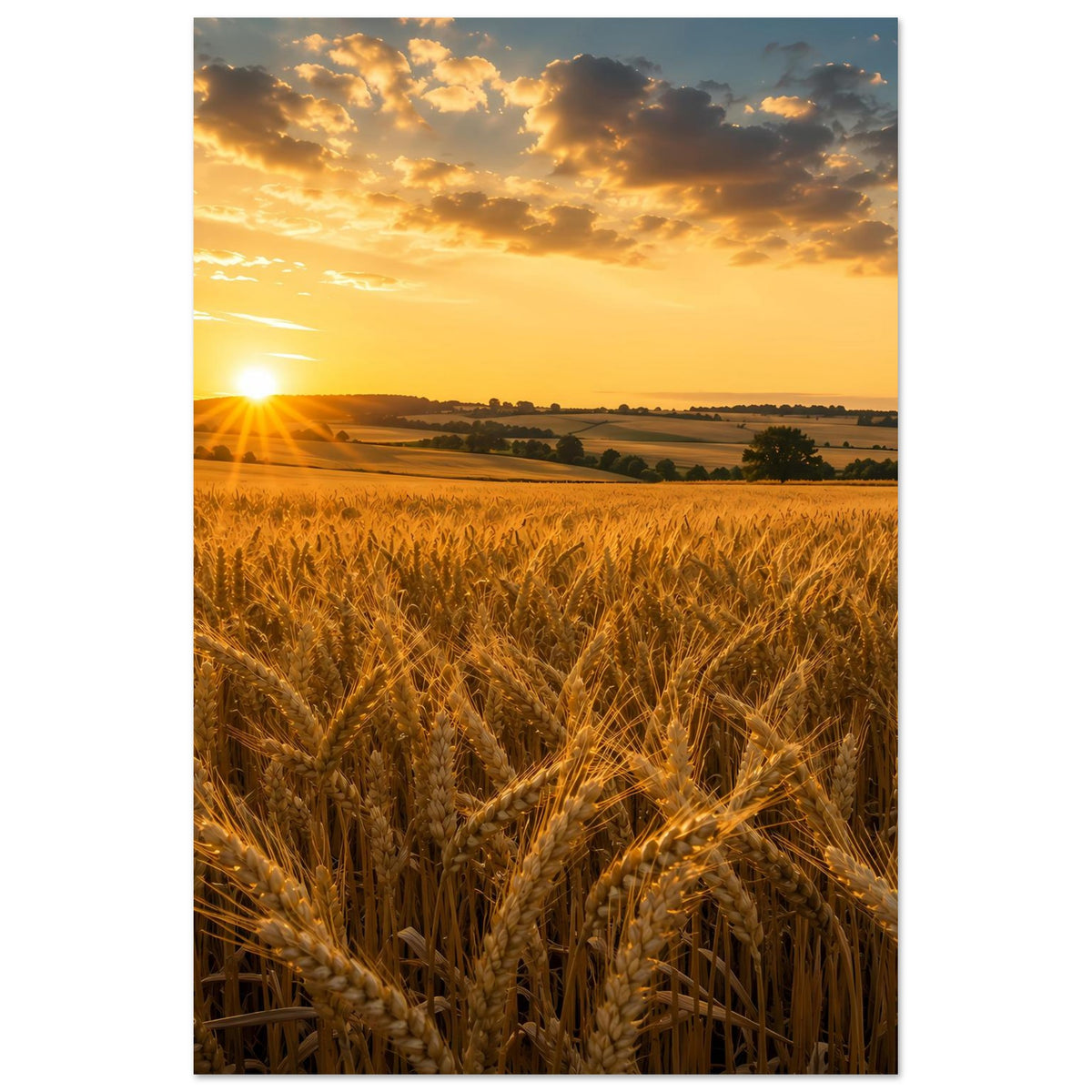 Landschafts-Poster mit goldenem Weizenfeld und Sonnenaufgang, Hochformat, gerahmt