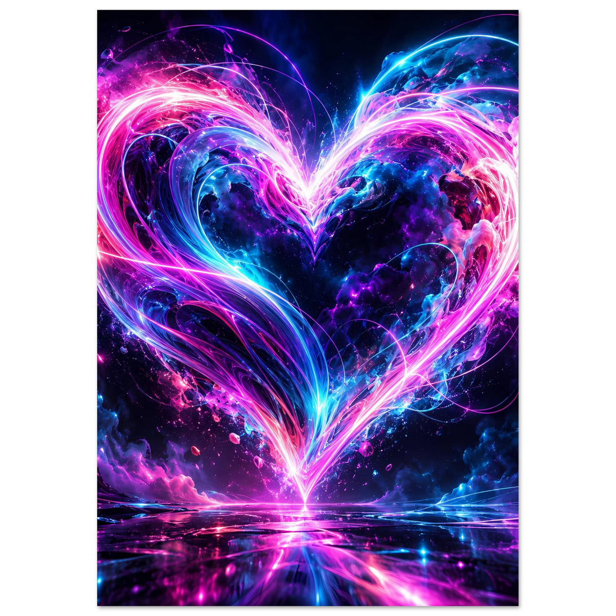 Kunstposter im Hochformat mit leuchtendem Neon-Herz in Pink und Blau