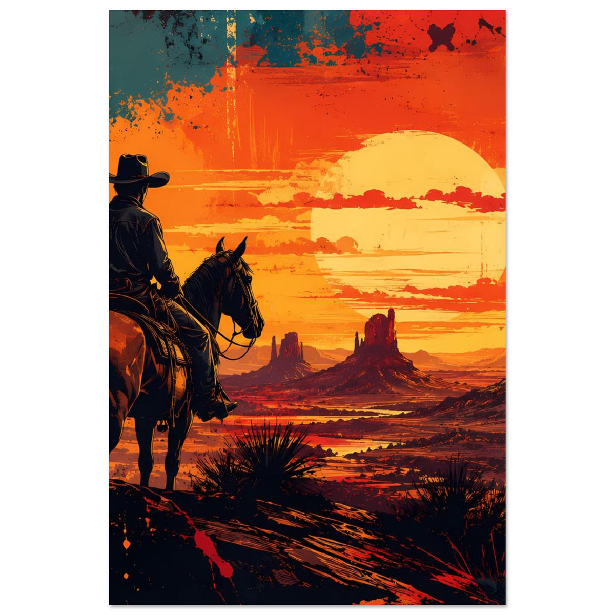 Cowboy-Poster: Reiter auf Pferd vor Wüstenfelsen, großer gelber Mond im Westernstil