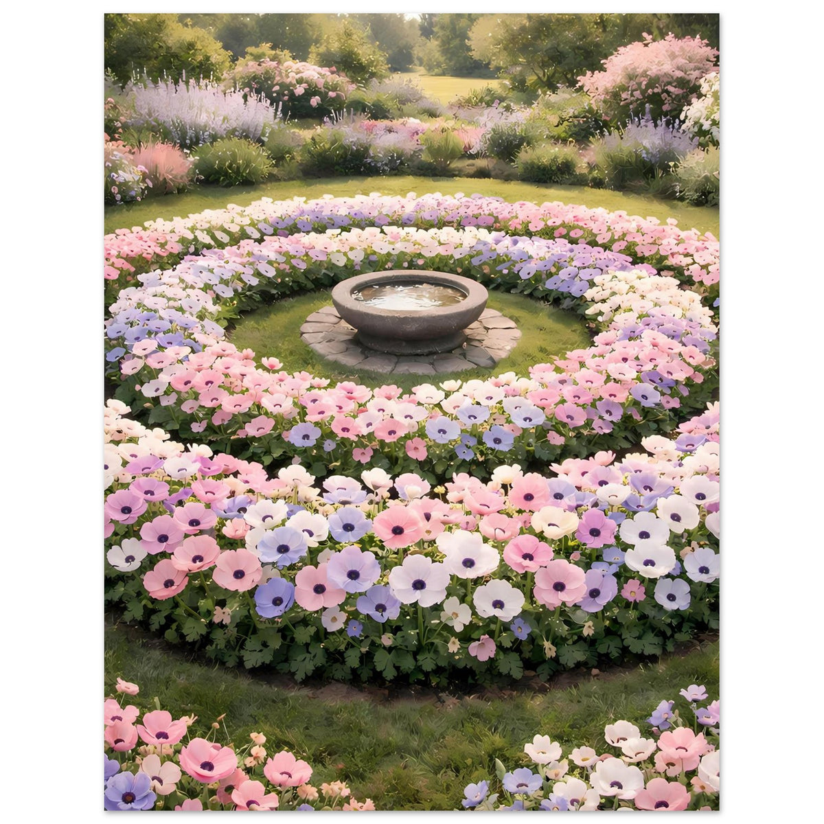 Blumenbeet-Poster im Hochformat mit Kreisbeeten aus rosa, lila und weißen Blüten