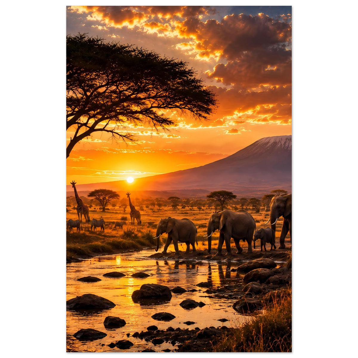 Safari-Poster mit Elefanten und Giraffen, Akazienbaum, Wasserlauf und goldenem Himmel