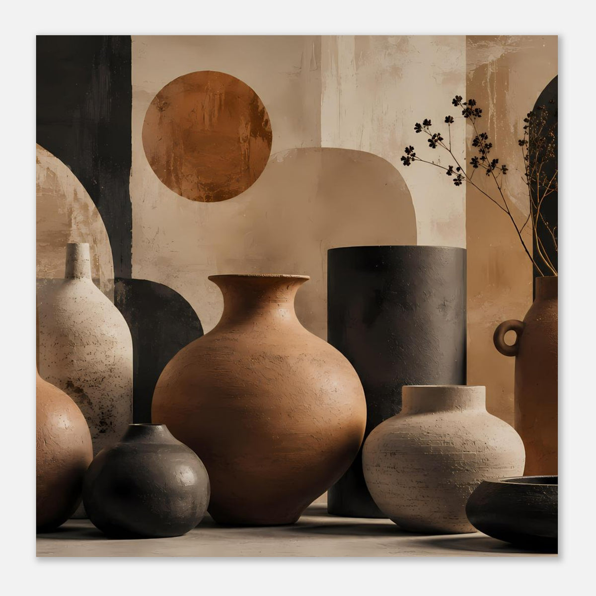 Posterdruck mit Keramikvasen in Terrakotta und Beige, im Bild mehrere dunkle Gefäße.