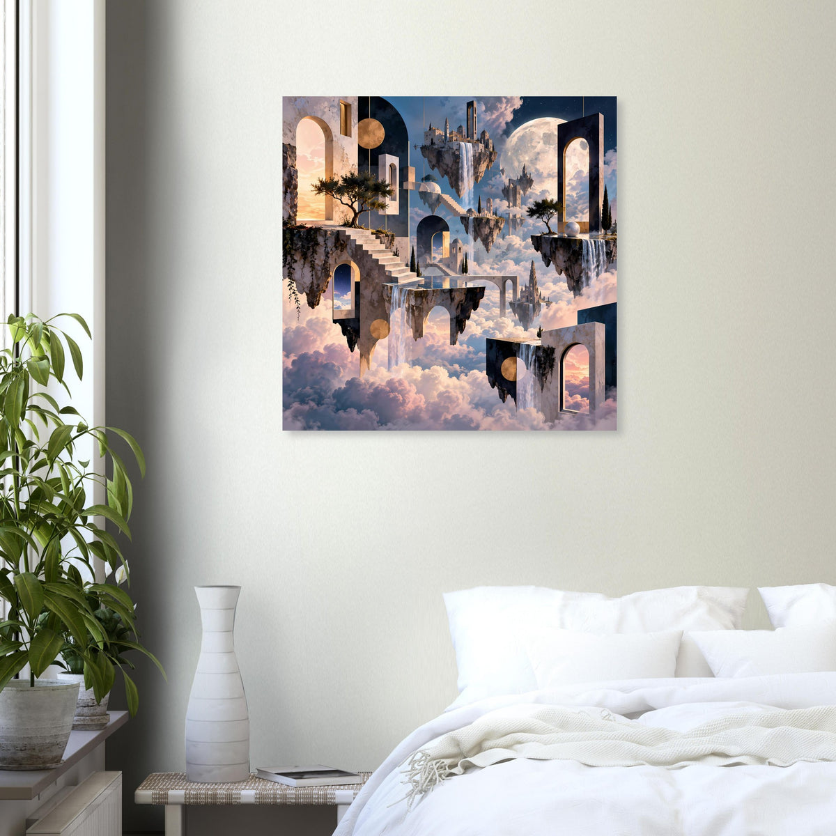 Surreales Poster mit schwebenden Inseln, Rundbögen, Türmen und Wolken