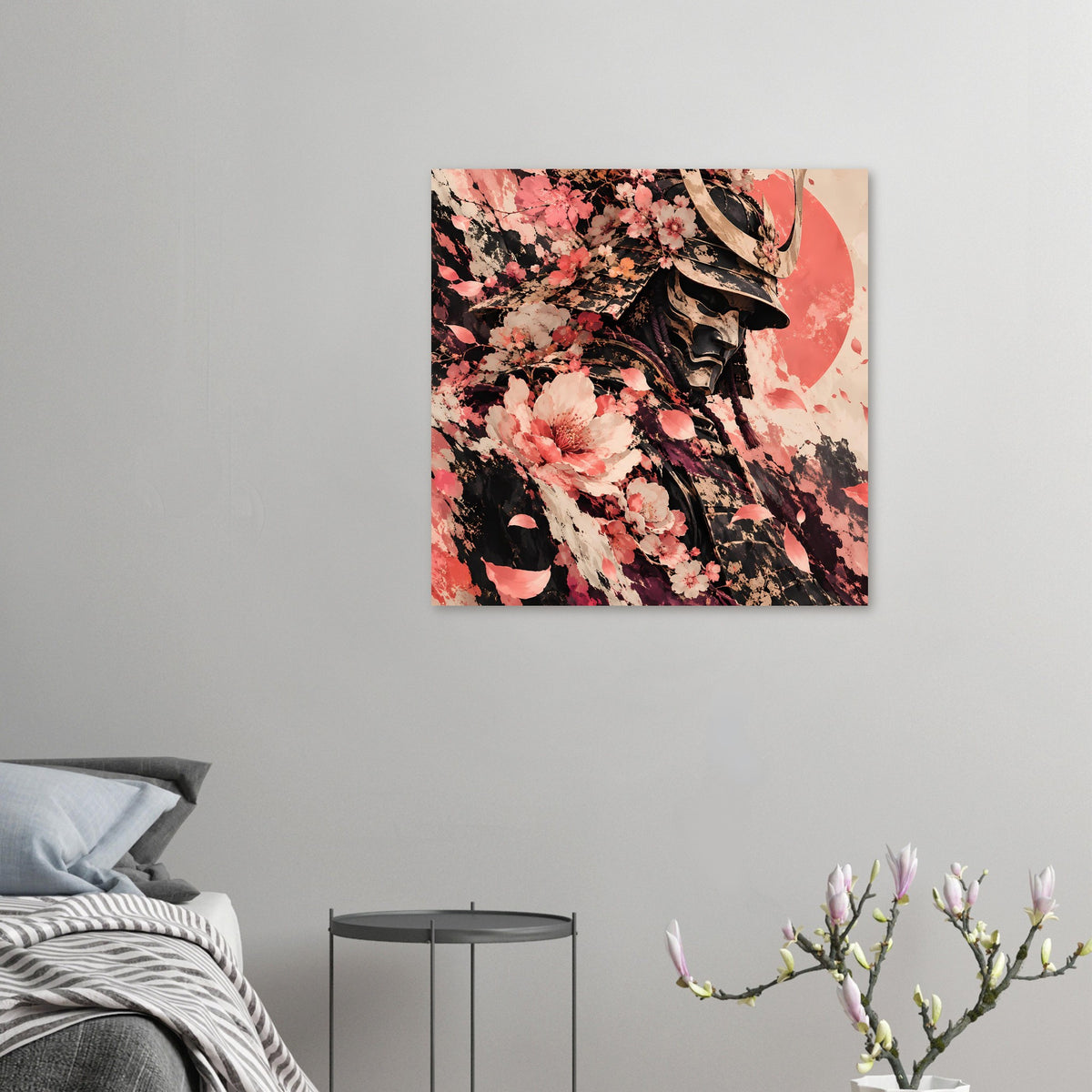 Quadratisches Poster mit Samuraihelm und Kirschblütenmotiv in Rosa und Schwarz