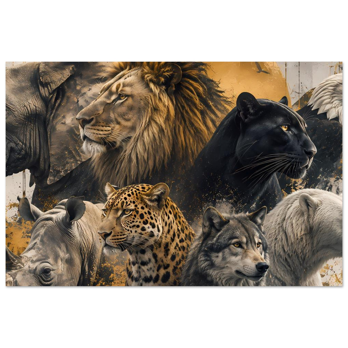 Wildtier-Poster (querformat) mit Löwe, Panther, Leopard, Elefant und Wölfen