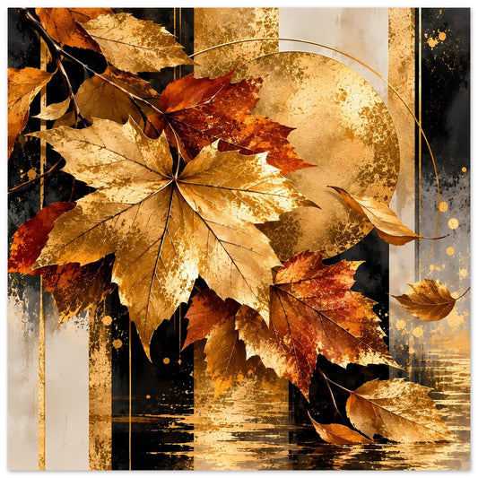 Herbstposter mit goldenen Ahornblättern, großen Blattkronen und goldener Kreissonne