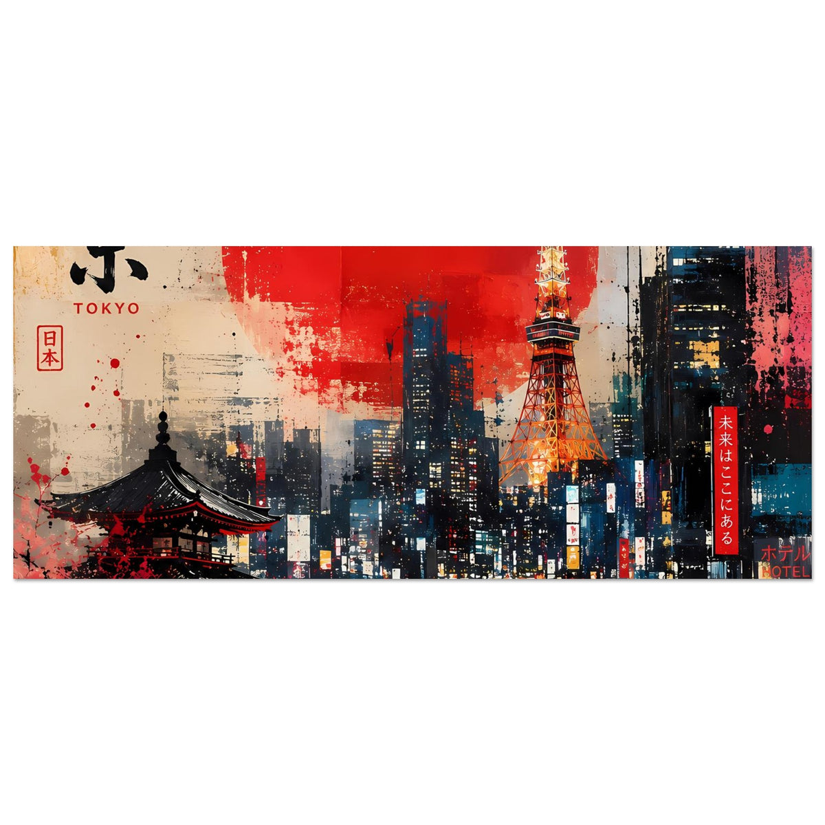 Abstraktes Panorama-Poster mit Tokyo-Skyline, roter Sonne, Tokyo Tower