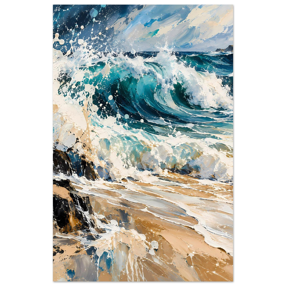 Kunstposter mit Ozeanwellen und weißem Schaum, türkisfarbene Flächen auf Sand