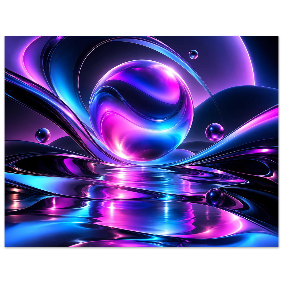 Abstraktes Poster mit Neonlicht-Kugel und -Bögen, Blau und Violett, mit glänzender Reflexfläche