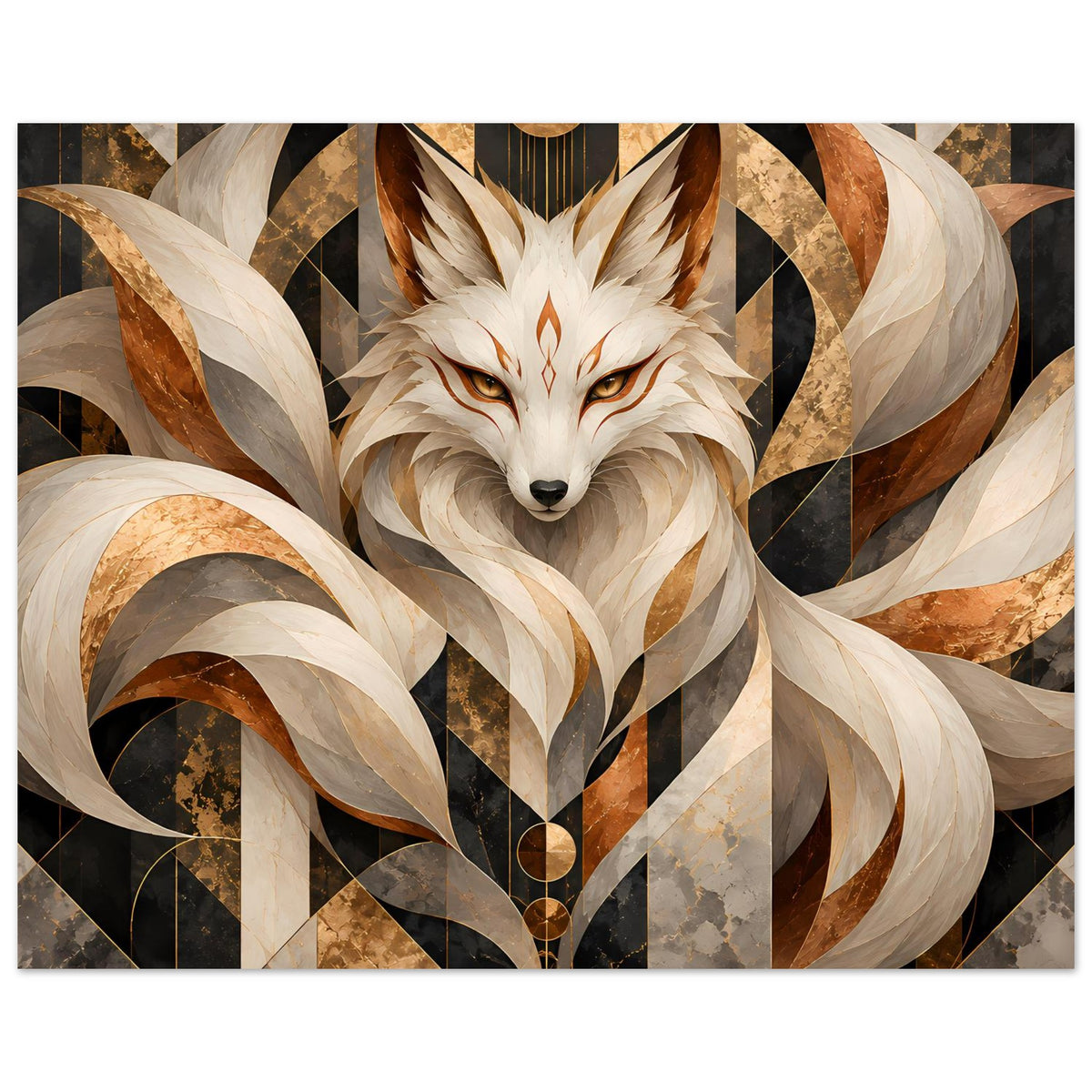 Geometrisches Poster mit Fuchs-Motiv in Erdtönen und Gold, breiter Zuschnitt mit Gesicht und Ornamenten