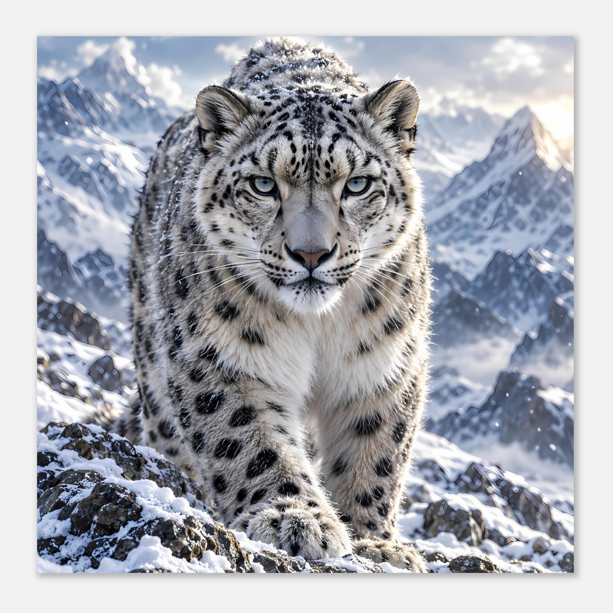 Schneeleoparden-Poster: Ganzes Tier mit erhobenem Kopf, Schnee und Bergkulisse