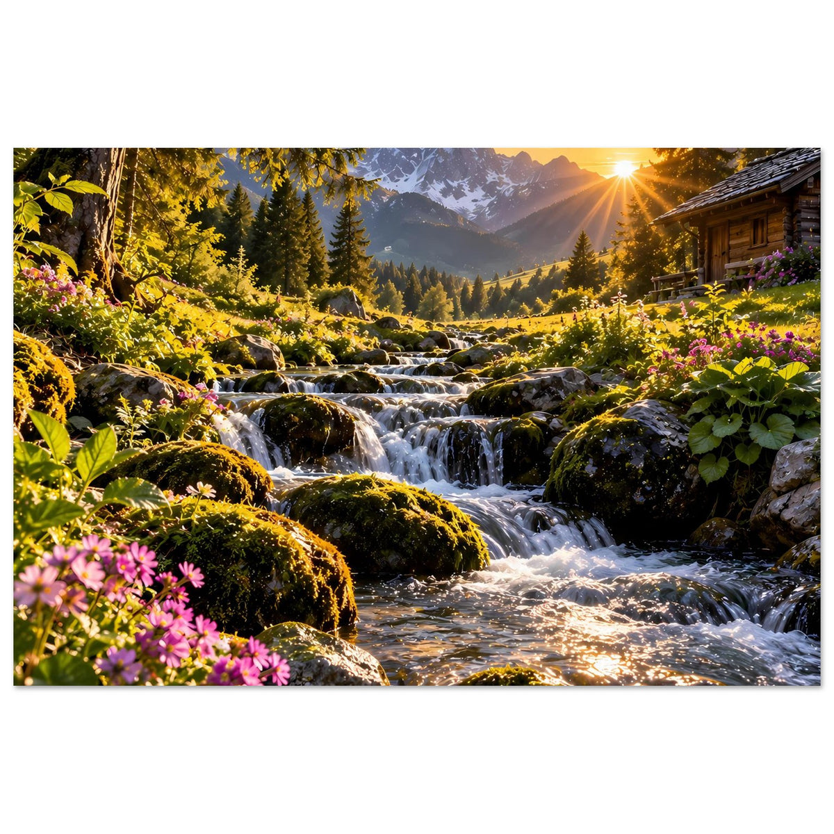 Posterdruck im Querformat: Bergbach über Felsen, umrahmt von Tannen und bunten Blumen.