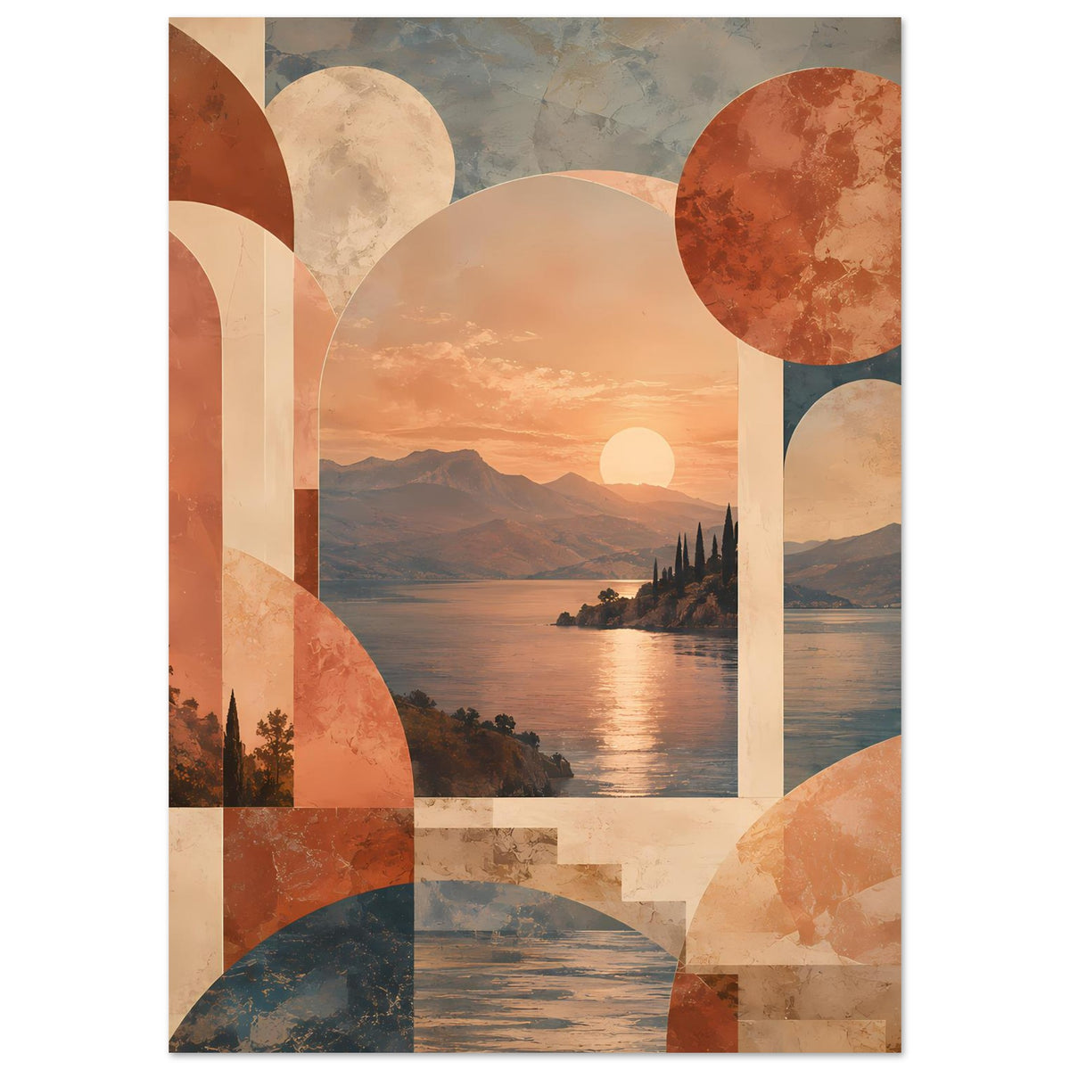 Abstraktes Poster im Hochformat mit Sonnenuntergang über Wasser, warmen Erdtönen, Formen