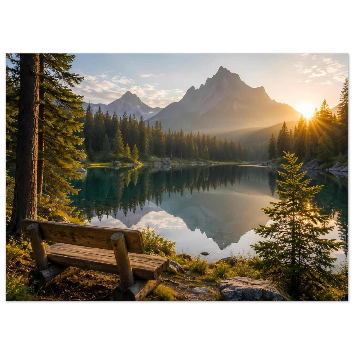 Poster mit Bergsee-Szene, Holzbank und aufgehender Sonne rechts