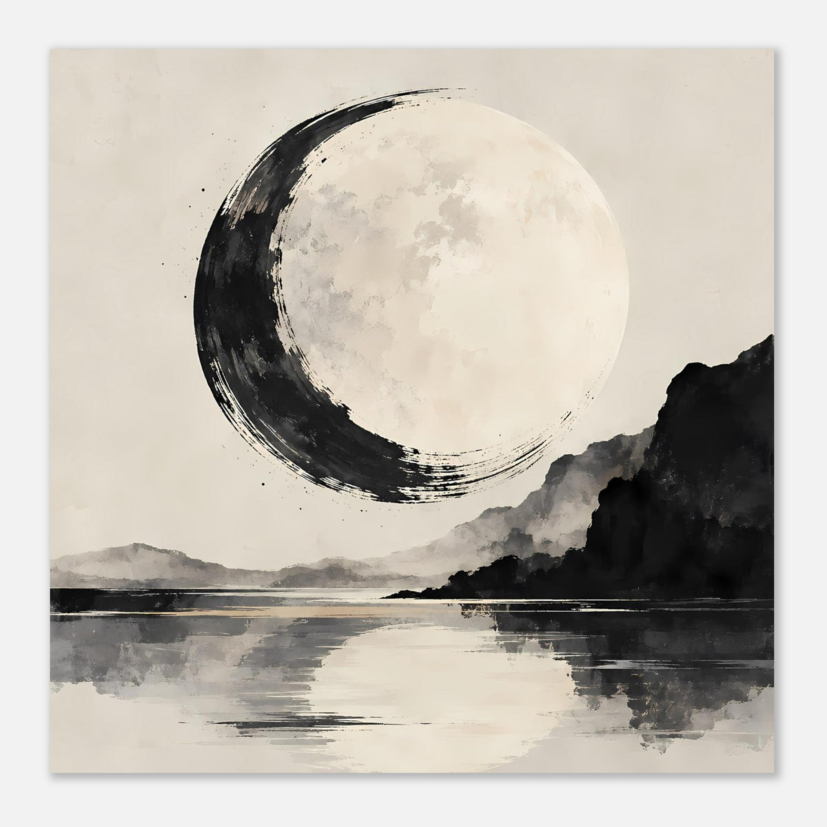 Schwarzweiß-Poster: Mond über Landschaft, dunkle Uferlinie und Reflexion im Wasser