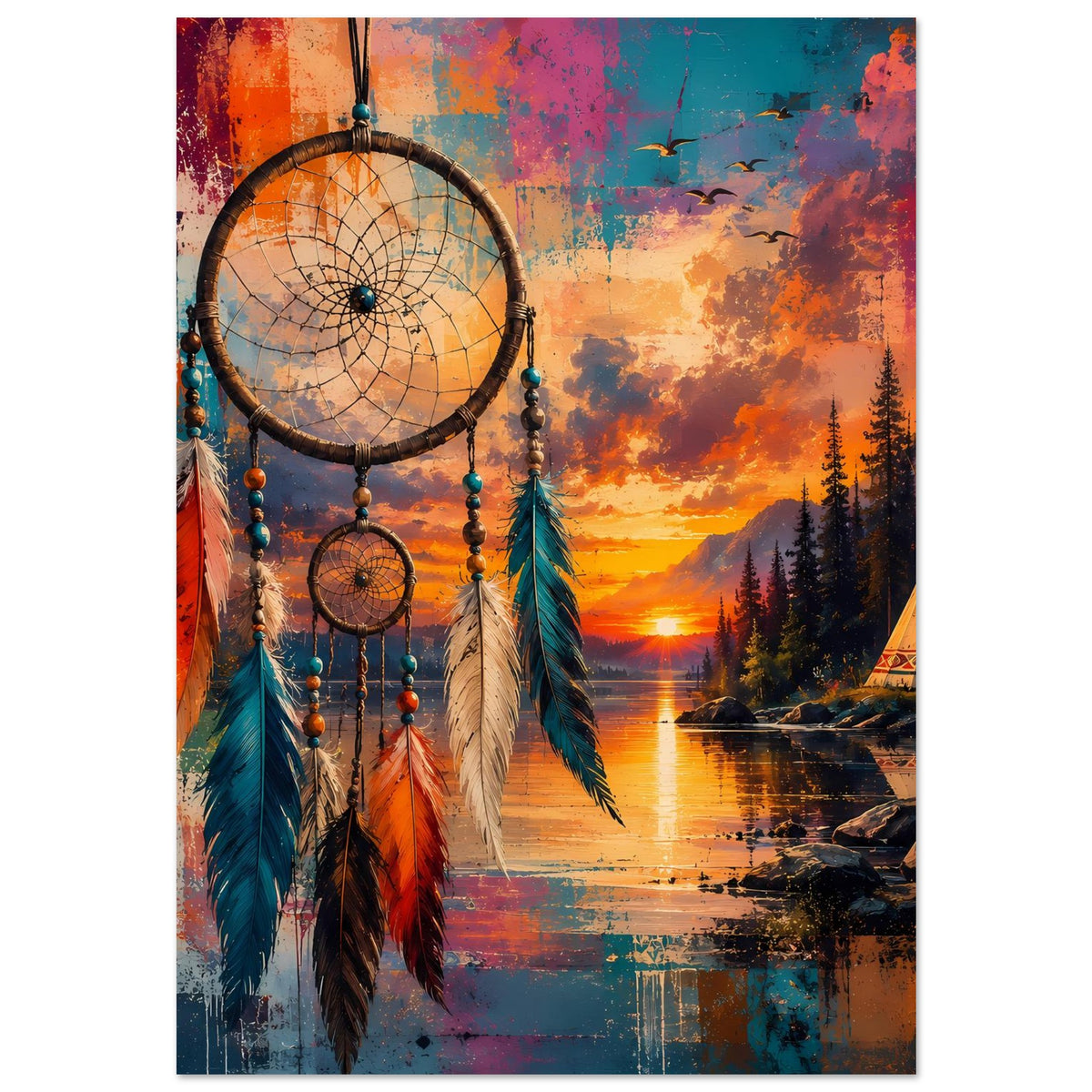 Boho-Träumefänger-Poster im Hochformat: großer Traumfänger mit bunten Federn und Sonnenuntergangshimmel