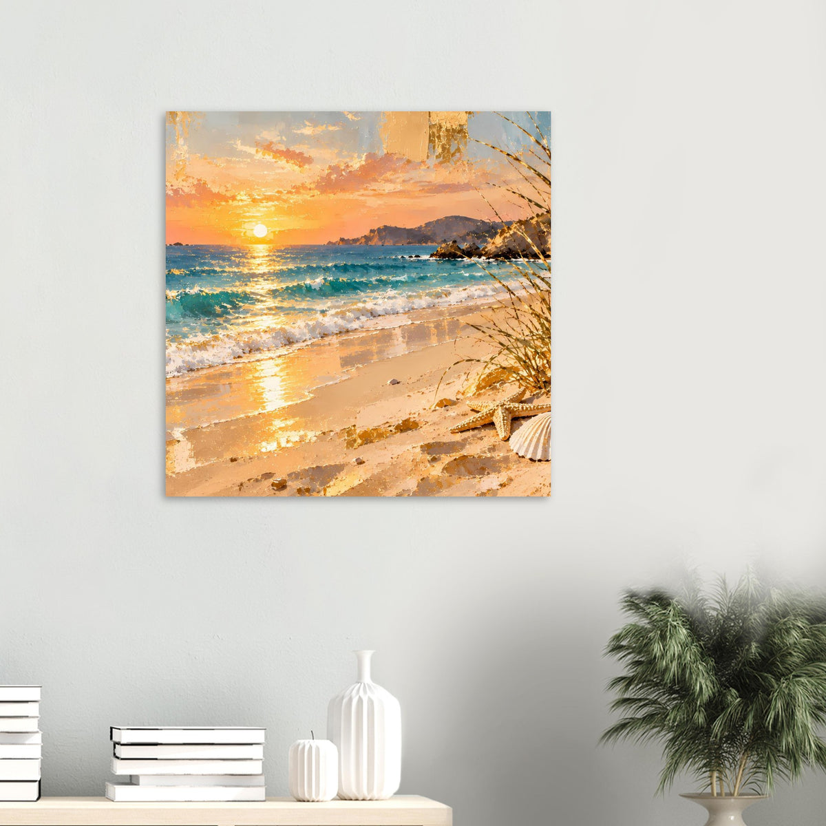 Poster mit Strand-Sonnenuntergang, Meer und orangefarbenem Himmel