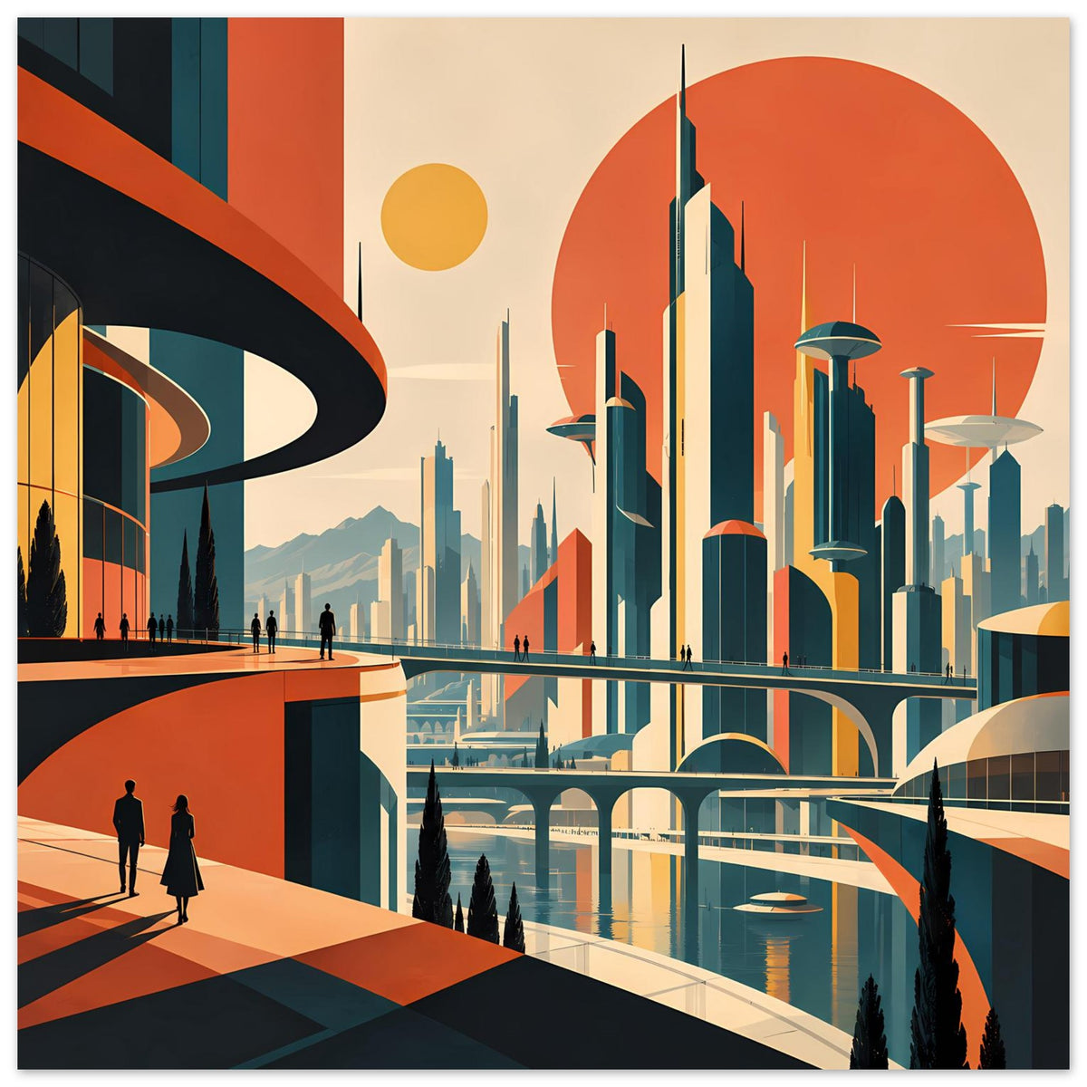 Poster mit futuristischer Stadtskyline, großer Sonne und gewölbter Promenade, orange-teal Look