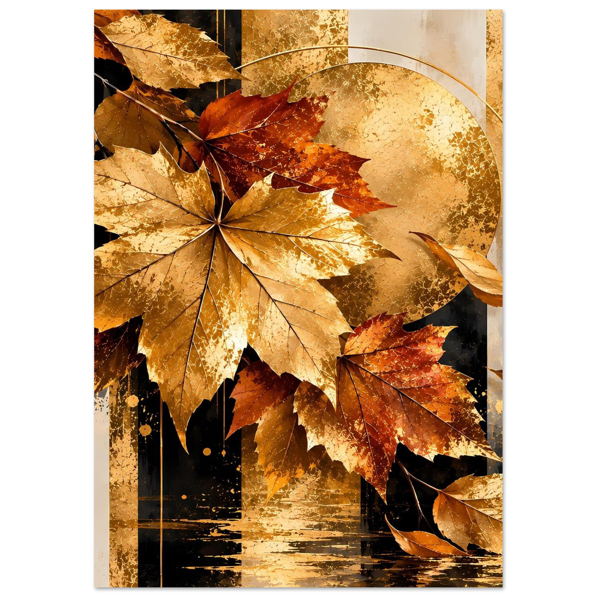 Herbstposter mit goldenen Ahornblättern und goldener Kreissonne, seitlich versetzte Blätter