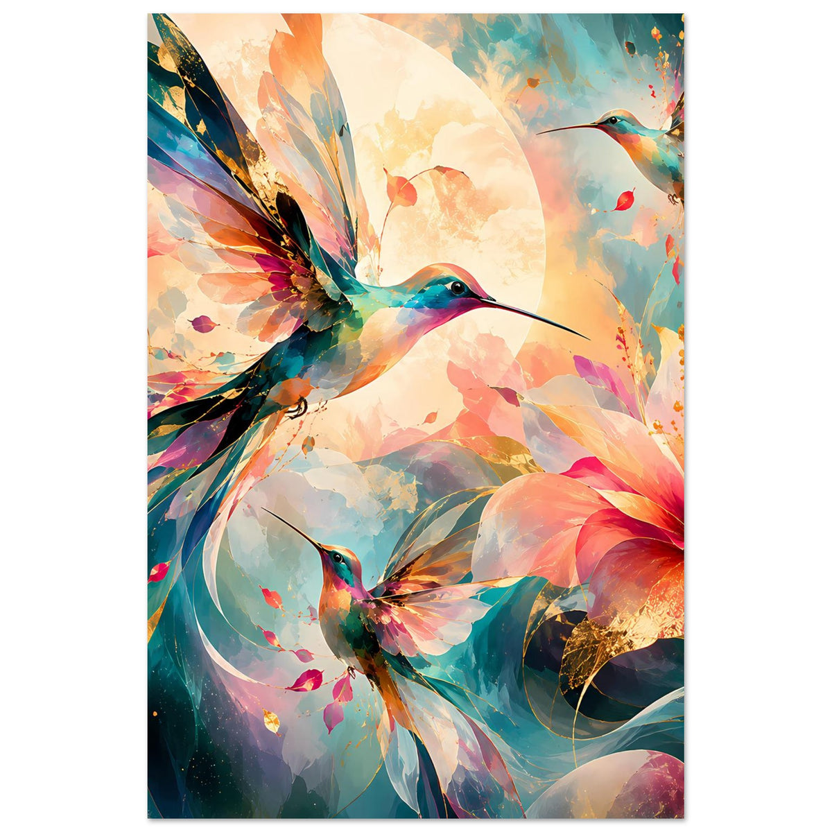Kunstposter im Hochformat mit Kolibris und Blüten, mehrfarbige Aquarelloptik