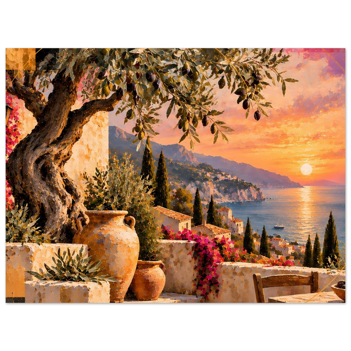 Kunstdruck-Poster (querformat) mit Olivenzweigen, Terrakotta-Vasen, Blüten und Meerblick bei Sonnenuntergang.