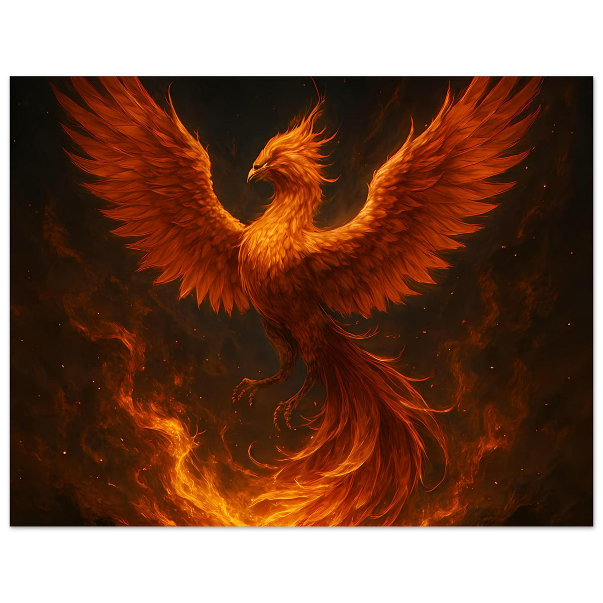 Poster mit Phönix in Flammenfarben, großflächige Flügel in Orange und gelb leuchtende Glut
