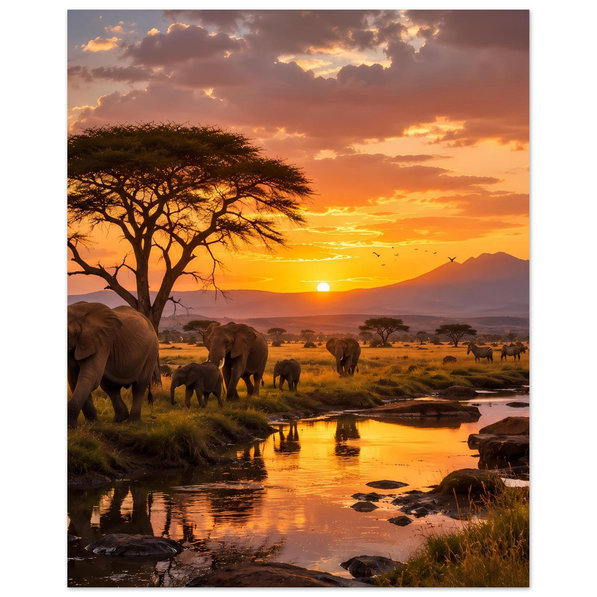 Elefanten-Savannenposter: Elefantenherde vor Flusslandschaft, Akazienbaum und Abendsonne.