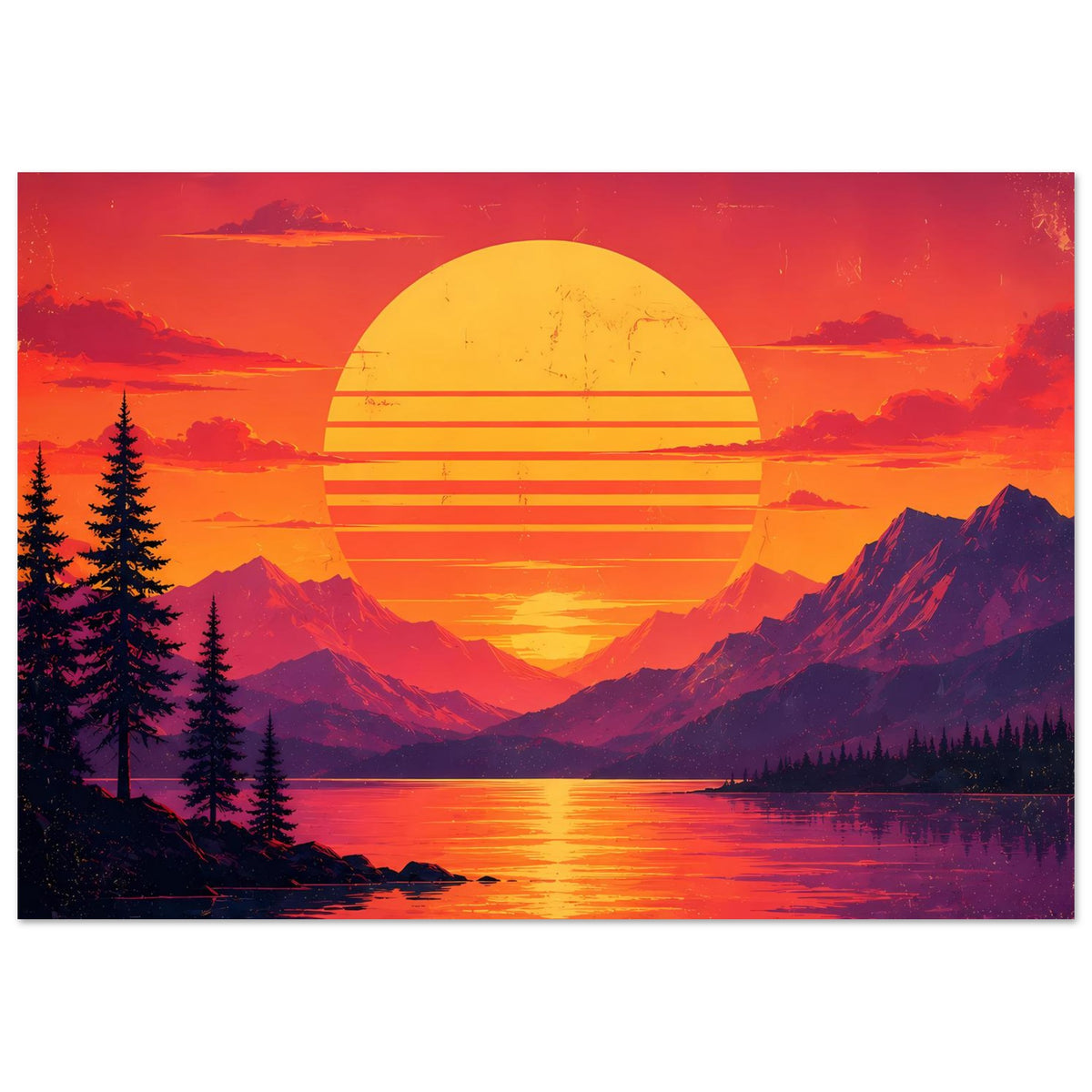 Querformat-Poster: Bergsee mit Spiegelbild, gelbe gestreifte Sonne, Berge und Tannen
