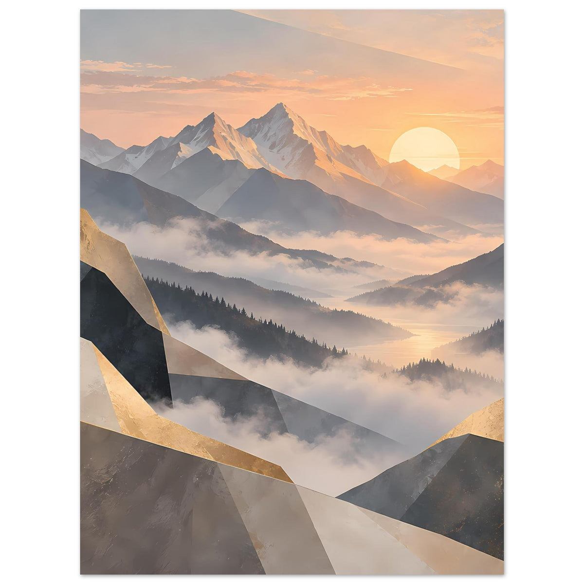 Hochformat-Poster mit Berglandschaft und Sonnenaufgang, abstrakte Goldlinien, Pastellfarben
