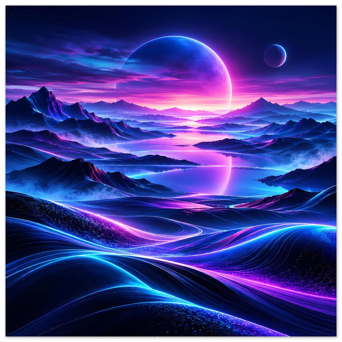 Quadratisches Neon-Weltraum-Poster mit leuchtendem Planeten, violetten Bergen und Lichtspuren