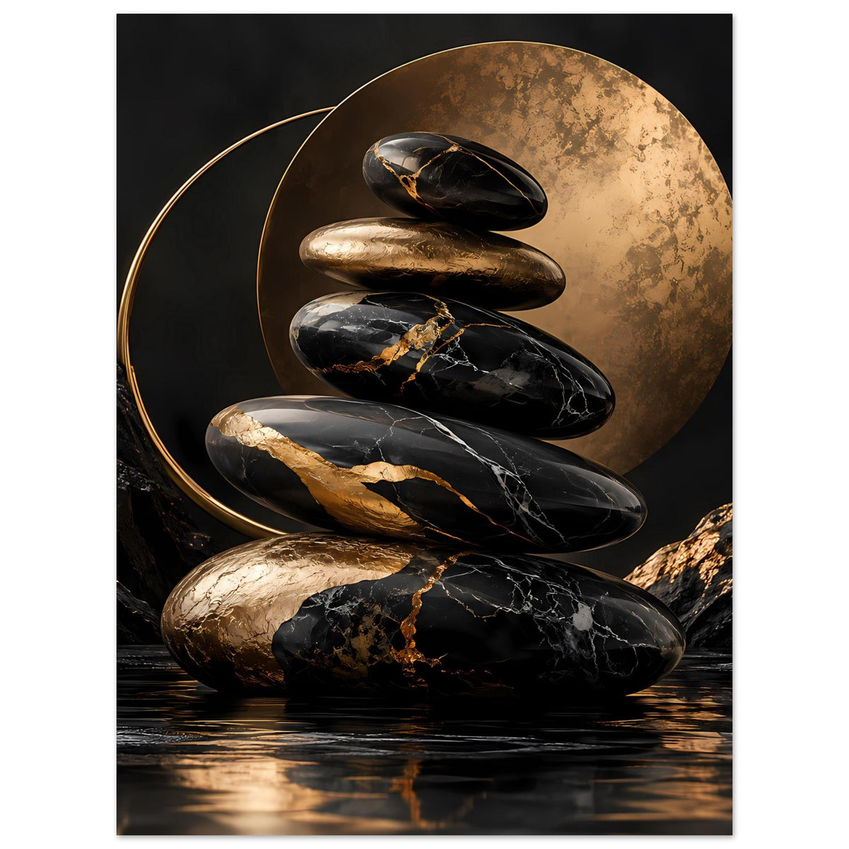 Wandposter im Hochformat: vier Zen-Steine mit goldenem Hintergrundkreis