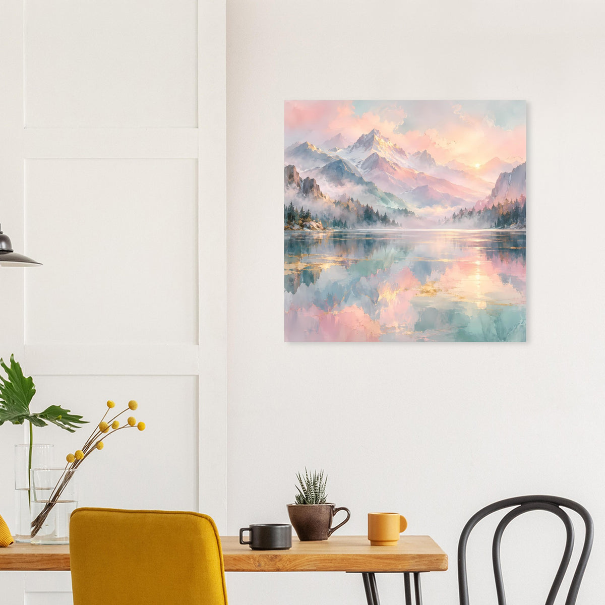 Pastellfarbenes Berg- und Seeposter mit Reflexionen und Morgenhimmel in Rosatönen