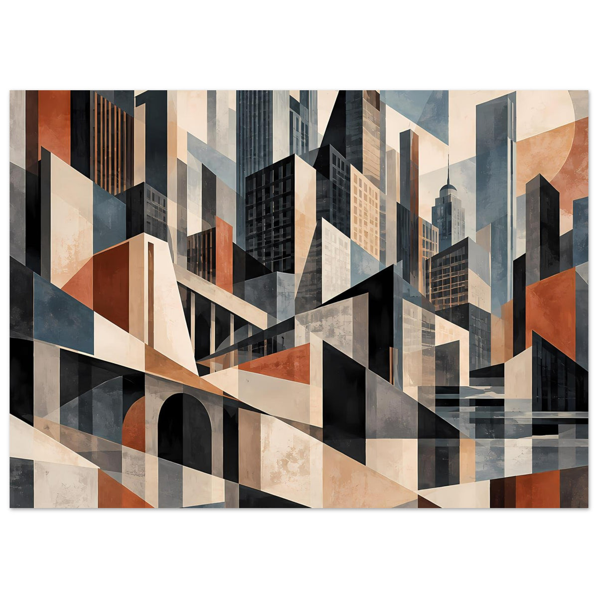 Architekturposter im Querformat mit verschachtelten Stadtlinien in Erdtönen und Blau