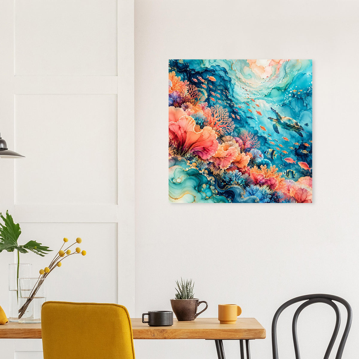 Quadratisches Poster mit Korallenriff, bunten Farben und schwimmenden Fischen
